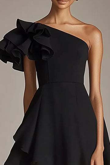 Black Satin One Shoulder A Line Ruffled Short Cocktail Dress